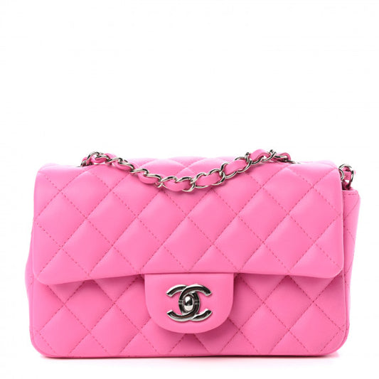 CC Lambskin Quilted Mini Rectangular Flap “Neon Pink”