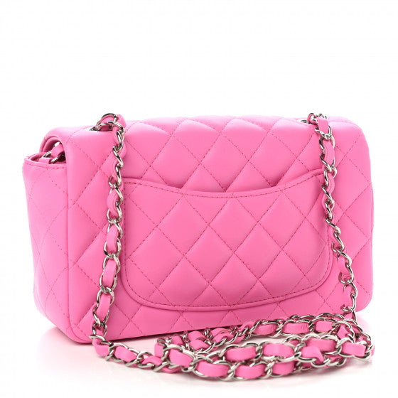 CC Lambskin Quilted Mini Rectangular Flap “Neon Pink”