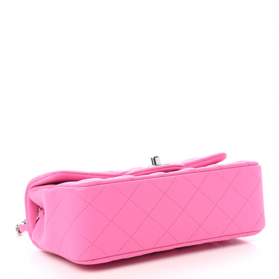 CC Lambskin Quilted Mini Rectangular Flap “Neon Pink”