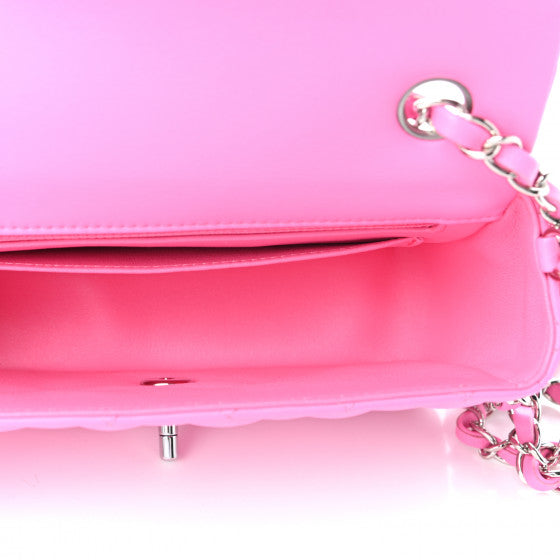 CC Lambskin Quilted Mini Rectangular Flap “Neon Pink”